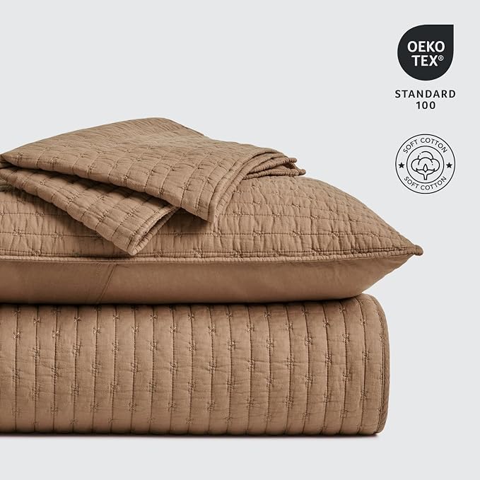 100% Cotton Cross Stitch 3-Piece Quilt Set, Camel Brown | 100% Cotton, Elegant - Image 5