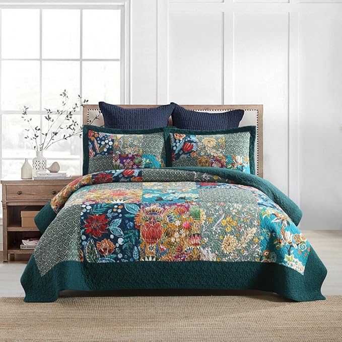 Autumn Dream Cotton Bedspread Luxury Vintage Turquoise Patchwork Bedding Quilt by AutumnDream