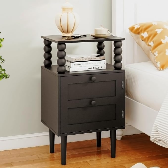 Nightstand with Storage Drawer and Open Wood Shelf, Solid Wood Legs | by Unknown