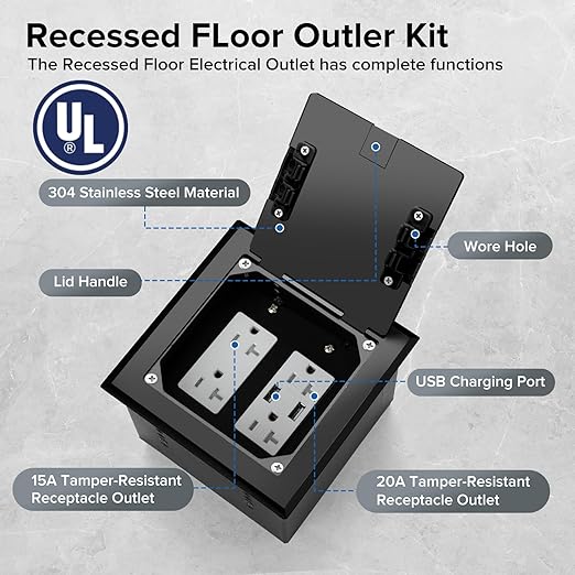 Vagueior Recessed Flat Hidden Floor Electrical Outlet Box Kit,Stainless Steel Cover with 4 * 20A Tamper-Resistant Receptacle Outlet and 5V/4.8A USB Port,UL Certified,Black