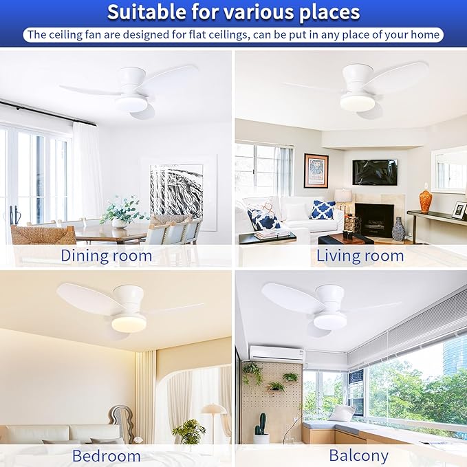 Glowall Small Ceiling Fan with Lights, 32 Inch Flush Mount with Remote Control, Reversible Quiet DC Motor, White, 3 Blades, 6 Speeds, Dimmable LED, Adjustable Color Temperature, Timer
