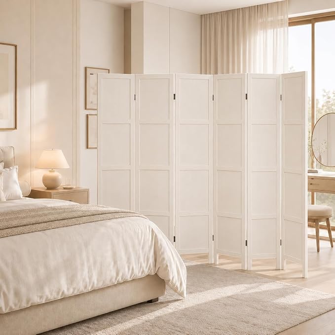 6 Panel Solid Wood Room Divider Folding Privacy Screen White | Freestanding - Image 8