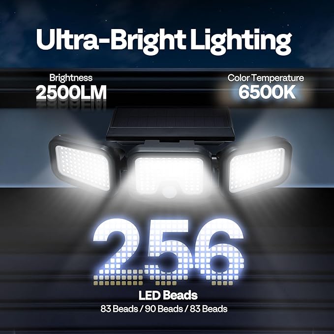 VIVOHOME Solar Flood Lights Outdoor, 256 LED 2500LM Motion Sensor Lights, 3 Adjustable Heads Security Lights, IP65 Waterproof, 270° Wide Lighting Angle Solar Powered Lights for Porch, Yard, 2 Pack