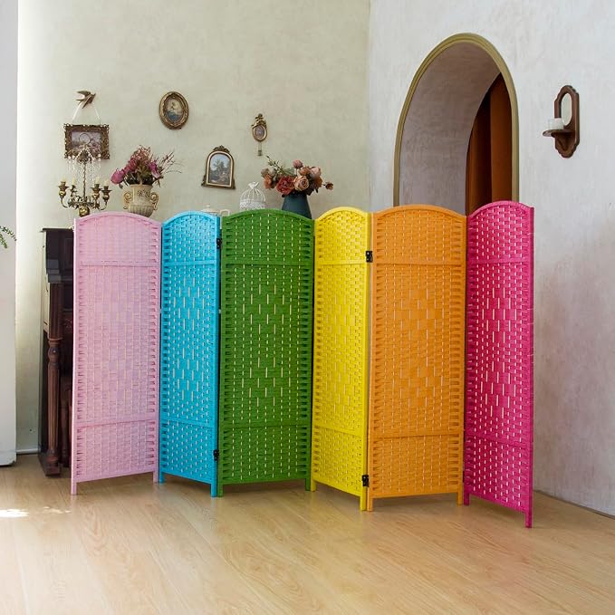 Compact 6 Panel Short Room Divider, 47.2 Inch Tall Double-Sided Rattan Folding by PawlaBay