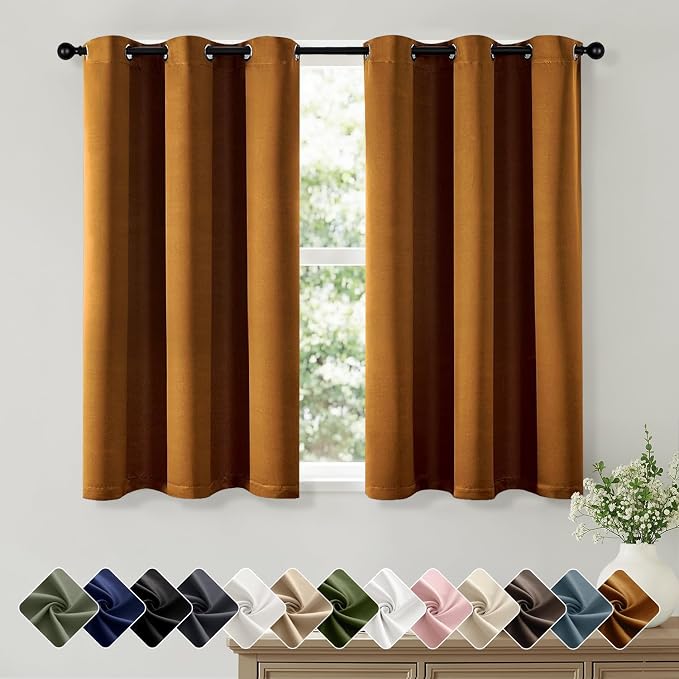 Short Gold Brown Blackout Kitchen Curtain W40 x L45 Inch 2 Panels | Thermal by Woaboy