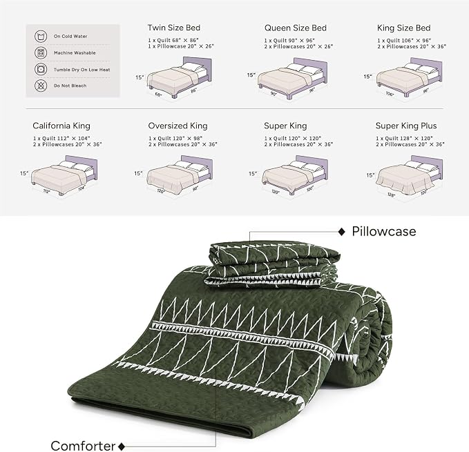 Green Oversized Super King Quilt Set, 3 Pieces Striped Bedspread | Boho Soft - Image 6