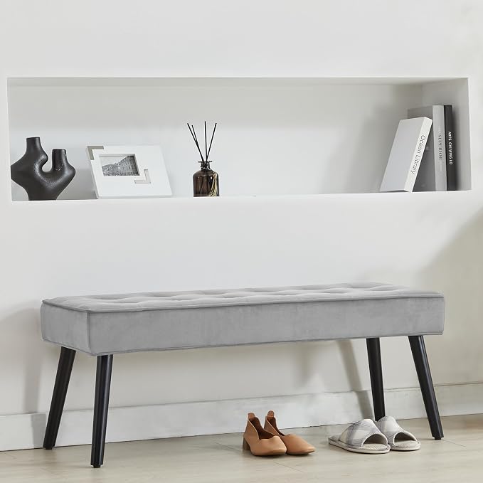 LOULENS Entryway Bench, Light Grey | Wood Legs, Button Tufted, Upholstered Bench - Image 8