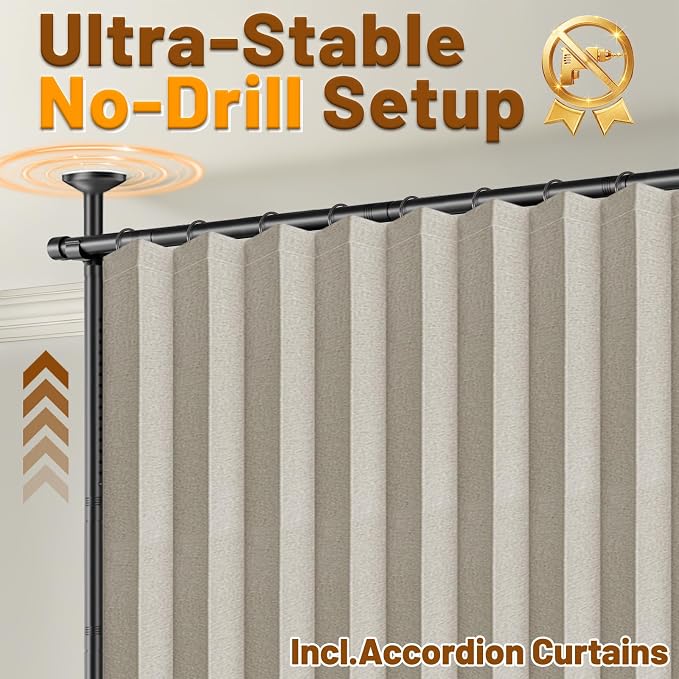AJAZZ Room Divider Curtain+ Curtain Rods No Drilling Adjustable Tension 43-120× - Image 3