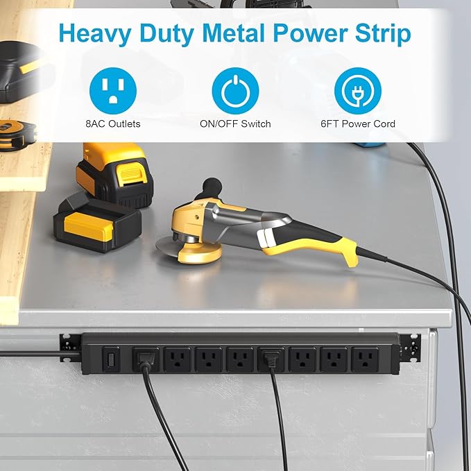 HHSOET 2 Pack Metal 360° Rotating Mountable Power Strip, 8 Outlet Gaming Table Mounted Long Power Strip, Heavy Duty Wall Mount Surge Protector with Switch, 15A 125V 1875W, 15ft Power Cord.(Black)
