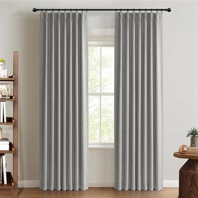 Pinch Pleated Full Blackout Faux Linen Curtains 96 Inches Long | Grey, 100% by 100BlackoutShield