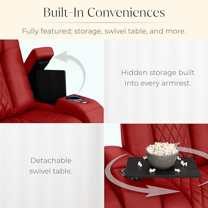 Seatcraft Diamante Zero-Gravity CoolZero Italian Leather Home Theater Seating, Power Headrest, Power Recline, Row of 5 Left Loveseat, Red