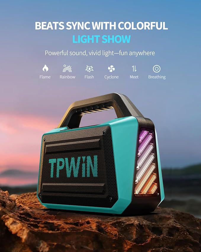 TPWIN Powerful 80W Outdoor Bluetooth Speaker: IPX6 Waterproof, Rugged, 20H Playtime, Deep Bass, Lightshow, TWS, BT 5.3 Wireless, Portable for Travel Hiking Camping Beach Pool - Teal