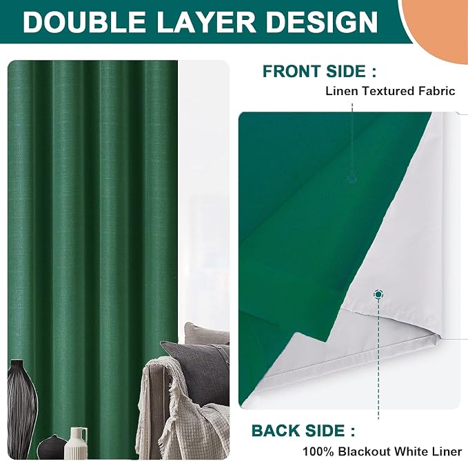 Diraysid 100% Blackout Curtains Dark Green Linen Curtains - Image 5