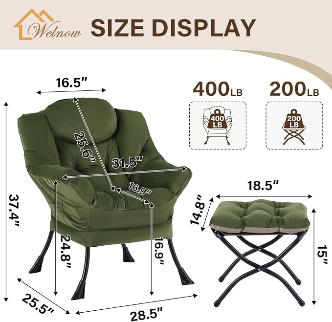 Welnow Lazy Chair with Ottoman, Reading Chair with Footrest，Army Green | A Side - Image 3