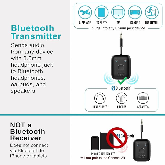 MEE Audio Connect Air in-Flight Bluetooth Wireless Audio Transmitter, with Extra Dual 3.5mm Jack AUX Adapter, for up to 2 AirPods/Other Headphones; Works with All 3.5mm Aux Jacks, Black