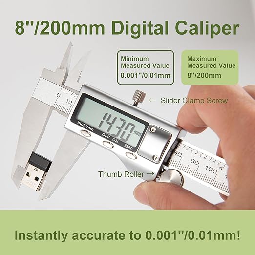 SCITOOLS All-Metal Digital Caliper 0-8" Measuring Tool, Micrometer Caliper with Auto-Off Feature, Interchangeable Between inches and millimeters for DIY/Household and 3D Printing