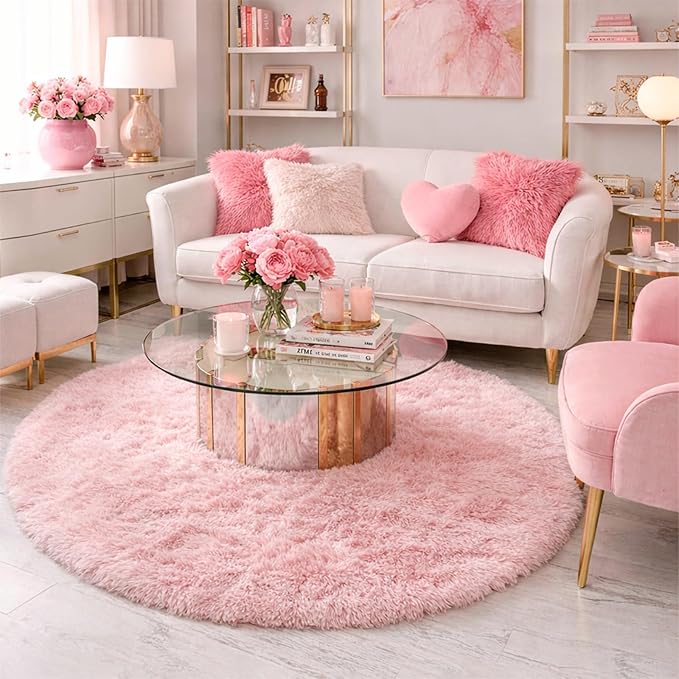 Amdrebio Pink Large Furry Round Rug 6Ft - Image 4
