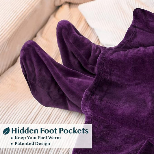 PAVILIA Fleece Blanket with Sleeves, Foot Pockets for Women Men Adults, Plush Wearable Blanket Throw Wrap, Warm Snuggle Blanket Robe, Cozy Gift Ideas Wife Mom, Dark Purple