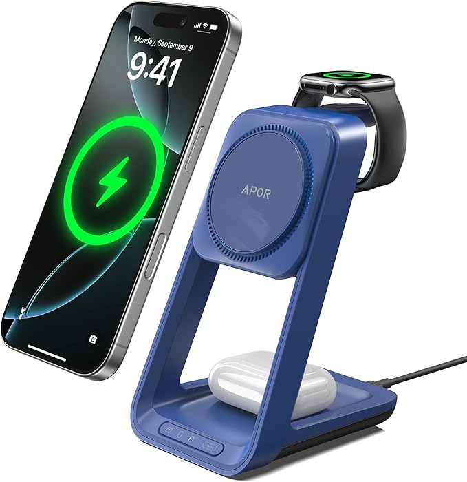 Apor 3 in 1 Charging Station for iPhone, Magsafe Wireless Charger with Cooling Fan for iPhone 17 16e 16 15 14 13 12 Series & Apple Watch Charger, Wireless Charging Station for AirPods 4/3/Pro (Blue)