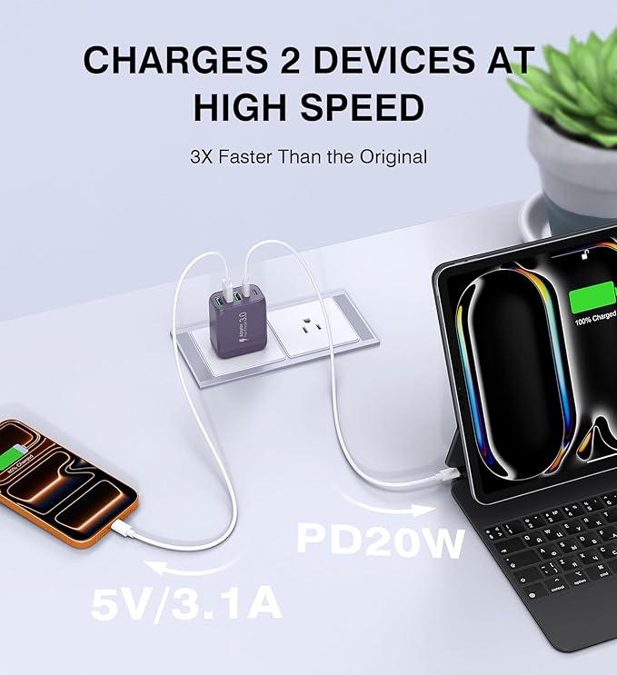 60W 2-Pack USB C Wall Charger Block, 5-Port C Charger Fast Charging Block PD Power Adapter +QC 3.0 Multiport Type C Box Brick Cube USB A Wall Plug for iPhone 14/15/16/17 Pro Max,Samsung Galaxy(Purple)