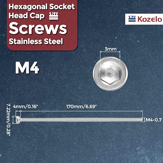 Kozelo 4pcs Socket Head Cap Screws - [M4-0.7 x 170mm] 304 Stainless Steel Allen Socket Drive for Electrical Motor 3D Printing Fan Engine Replacement Use, Silver
