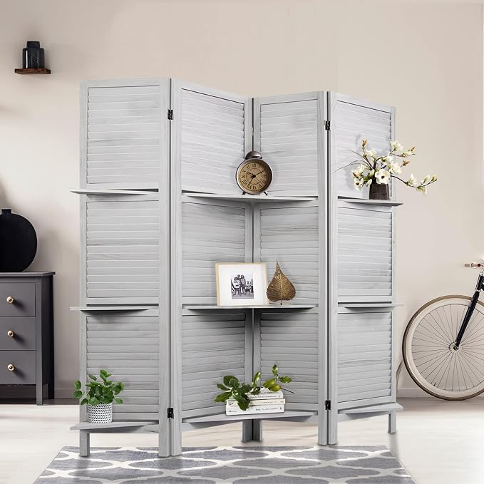 Room Divider with Shelves, 4 Panel Grey Privacy Screen | Partition Room - Image 6