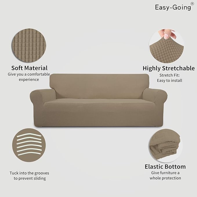Easy-Going Stretch 4 Seater Sofa Slipcover 1-Piece Sofa Cover Furniture Protector Couch Soft with Elastic Bottom for Kids, Polyester Spandex Jacquard Fabric Small Checks Natural
