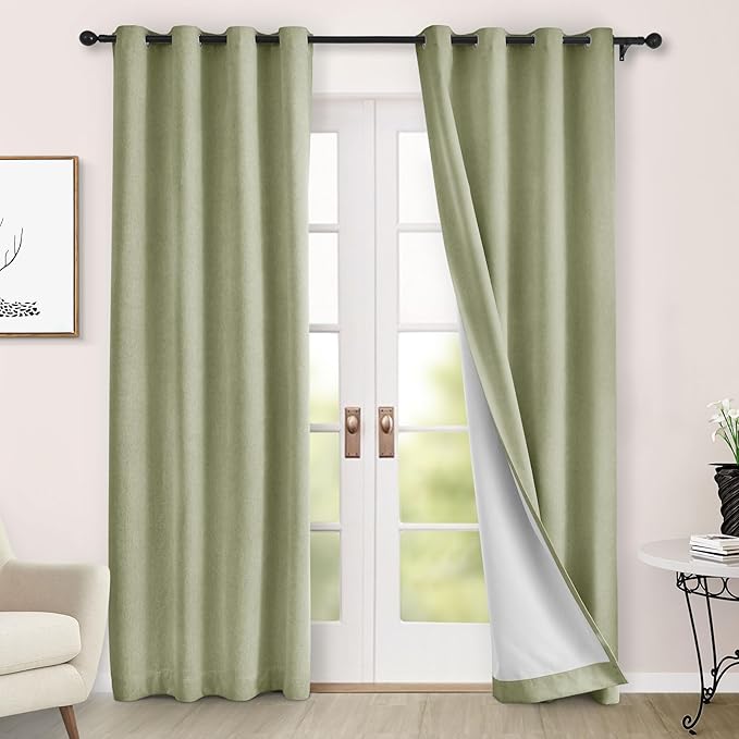 Macochico 100% Blackout Chenille Curtains 96 Inches Long for Hotel Nursery Noise Reducing Thermal Curtains for Bedroom Living Room Grommet Green Tint Curtains with Tieback 52" Wx96 L Classic 1 Panel
