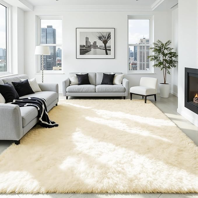 5x8 Fluffy Area Rug for Living Room: Non-Slip Cream White Bedroom Carpet | - Image 2