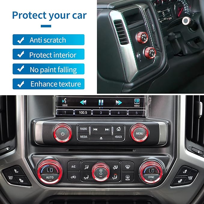 Kujunpao Radio Fan Climate Auto Menu Knob Control Button Trim Center Console Knob Cover Decor Fit for 2014-2018 Chevy Silverado & GMC Sierra Accessories 8pcs(Red)