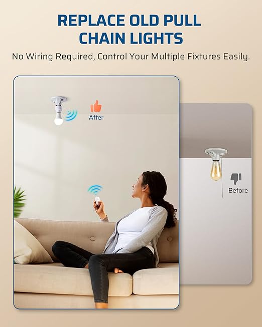 DEWENWILS Remote Control Light Socket, Wireless Remote Control Lamp Bulb Socket with Switch for Pull Chain Light Fixtures, 100FT Range, No Wiring Needed, ETL Listed(Shorter Version)
