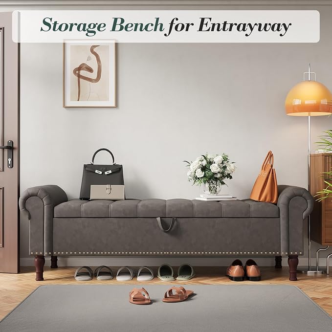 Apicizon 60” Bench with Storage, Upholstered Tufted Button Bedroom Bench with - Image 8