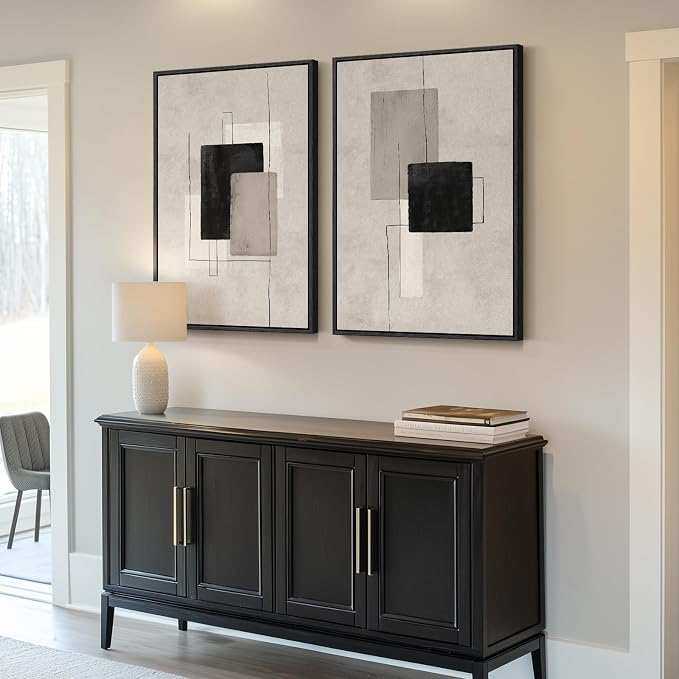 Large Framed Neutral Black Beige Abstract Wall Art - Image 2