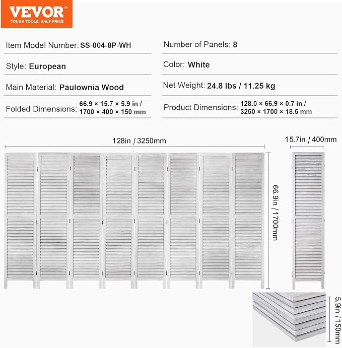 VEVOR Wood Room Divider, 8 Panel Wood Folding Privacy Screen, 66.9 Inches Tall - Image 8
