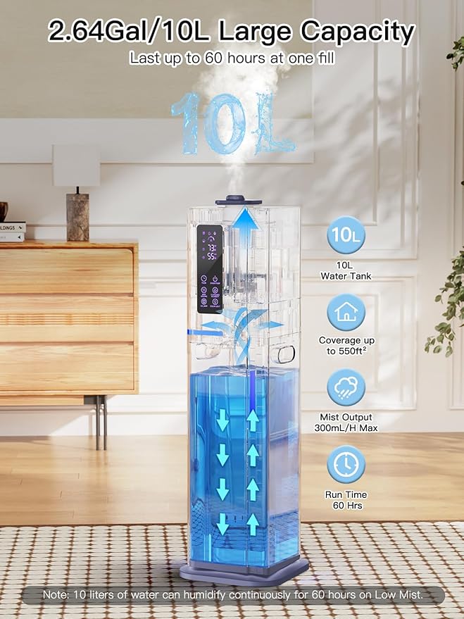 Zeova 10L/2.64Gal Humidifiers for Bedroom, Top Fill Quiet Ultrasonic Cool Mist Humidifier Large Room, Covers 550ft², 60H Runtime, 24H Timer, 3 Mist Modes Humidifiers for Home, Office, Plants, Purple
