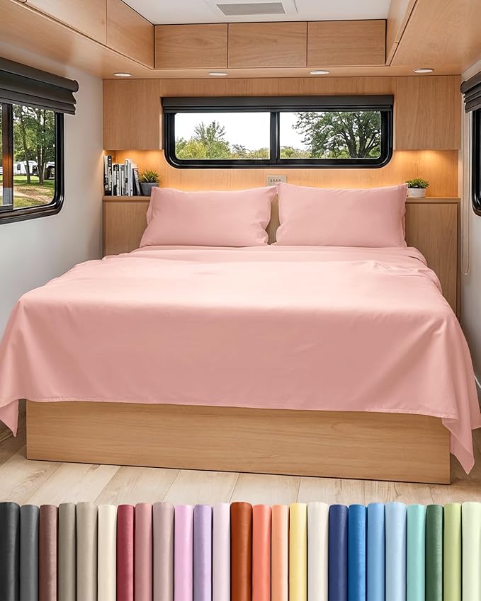 RV Short Queen Sheet Set 60 X 75 - 4 Piece RV Short Queen Bed Sheets - Soft, Breathable & Cooling - Designed for Bunks, Trailers & Campers - Fits 8” to 12" Mattress - Hotel Luxury Bedding - Baby Pink