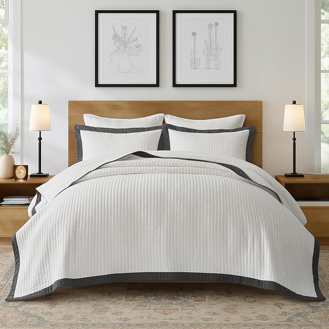 EVERGRACEHOME Border Frame Cotton Quilt Bedding Set, Washed Black | Border by EVERGRACEHOME