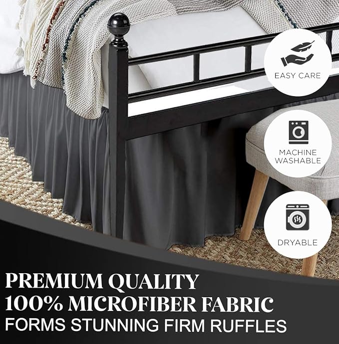 Ruffled Bed Skirt with Split Corners, Dark Grey, Twin 12 Inch Drop Bedskirt, Hotel Quality Brushed Microfiber Wrinkle Free Dust Ruffle Bed Skirt Twin Size