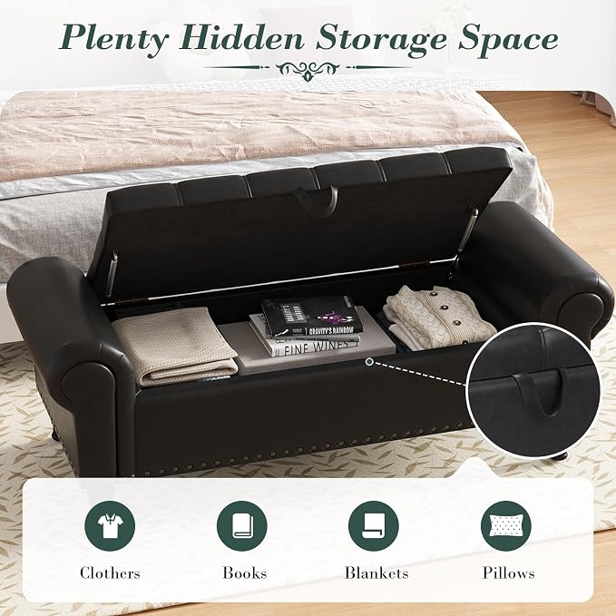 Apicizon 51” Bench with Storage, Queen Size Faux Leather End of Bed Bench with - Image 8
