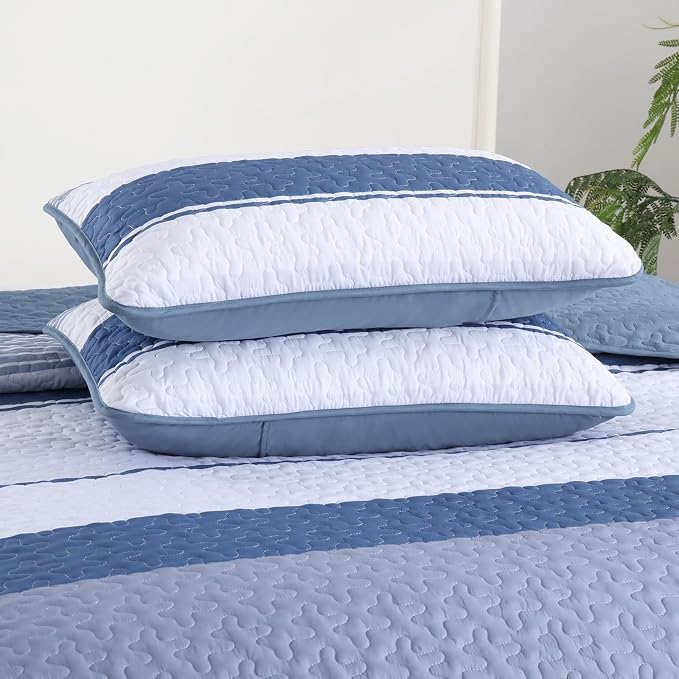 Dinjoy Queen Boho Striped Quilt Set, Mineral Blue Lightweight Bedspread | Soft - Image 8