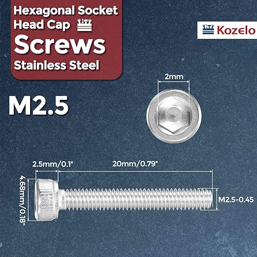 Kozelo 30pcs Socket Head Cap Screws - [M2.5-0.45 x 20mm] 304 Stainless Steel Allen Socket Drive for Electrical Motor 3D Printing Fan Engine Replacement Use, Silver