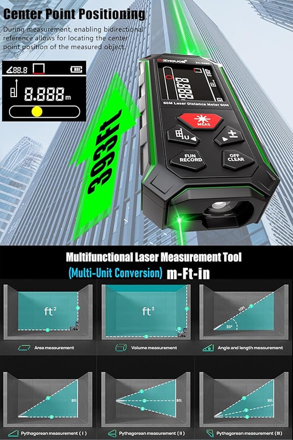 ZC-SG60 Dual Laser Measuring Tool, 196Ft Green-Beam Bilateral Digital Laser Distance Measure 6 Units Ft/in/M, Rechargeable Laser Measurement Tool -Backlit LCD Display, Length/Area/Volume/Angle Sensor