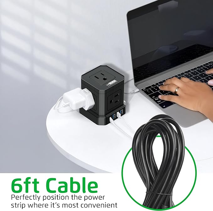 Cube Power Strips with Surge Protection, 6ft Extension Cord with Multiple Outlets, 5 Ac Plugs, 3 USB, 1 Usbc Fast Charging Power Strip with USB Ports, Mountable On/Off Switch Charging Station