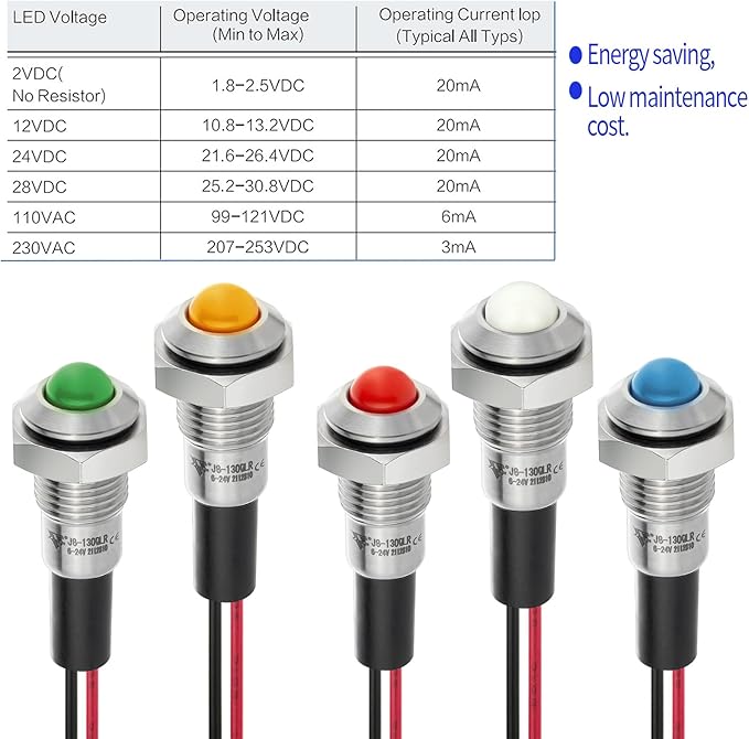 ZGSZJHF UL Listed Mini Indicator Light 8mm 0.31" Waterproof Domed Metal Stainless Steel Signal Lamp 12V-24V DC/AC Red and Green LED Light with 140mm Wire