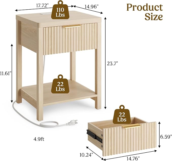 Night Stand Set 2, Fluted Wood Nightstands w/Charging Station - Image 2