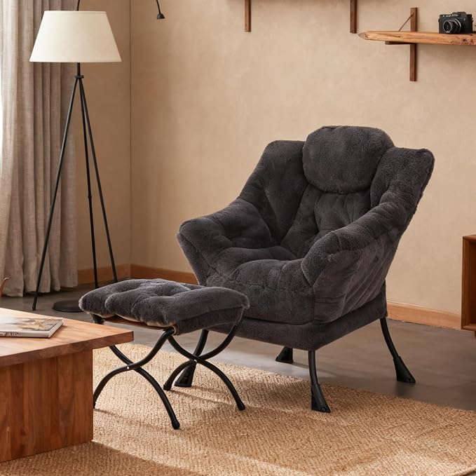 Welnow Lazy Chair with Ottoman, Reading Chair with Footrest, Plush Navy | A - Image 4