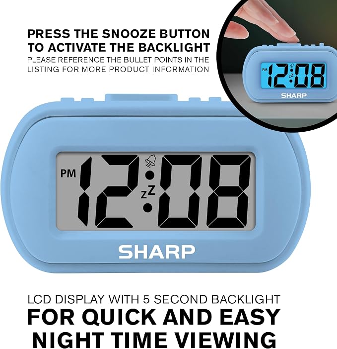 Sharp Battery Alarm Clock with Soft-Touch Case and Backlight, Light Blue | - Image 5