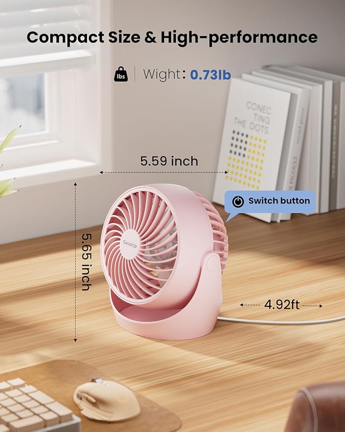 Gaiatop Desk Fan, 5-Inch Portable Electric Table Desktop Air Circulator Fans, Small but Powerful with 3 Speed 360° Adjustable Tilt for Cooling Home Dorm Office Bedroom Bathroom Kitchen, Pink