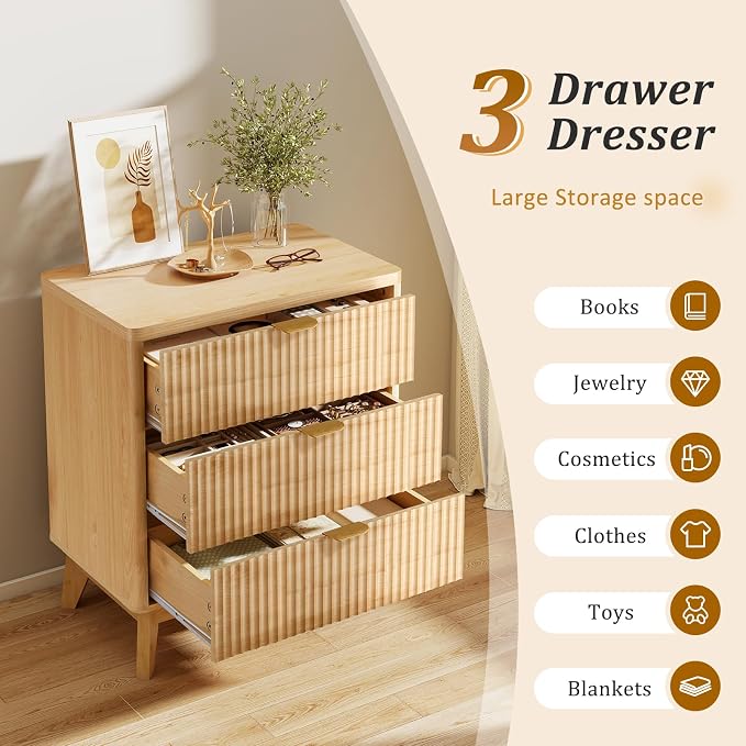 LYNCOHOME Fluted Nightstand Set of 2, Wood Bedside Table - Image 3