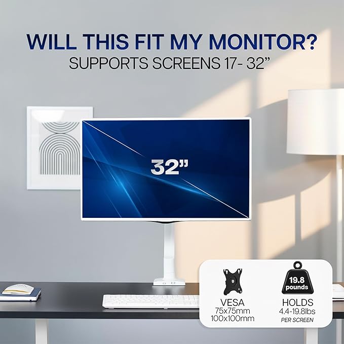VIVO Single 17 to 32 inch Monitor Height Adjustable Counterbalance Mechanical Arm Desk Stand, Classic, Universal VESA Mount, White, STAND-V001OW